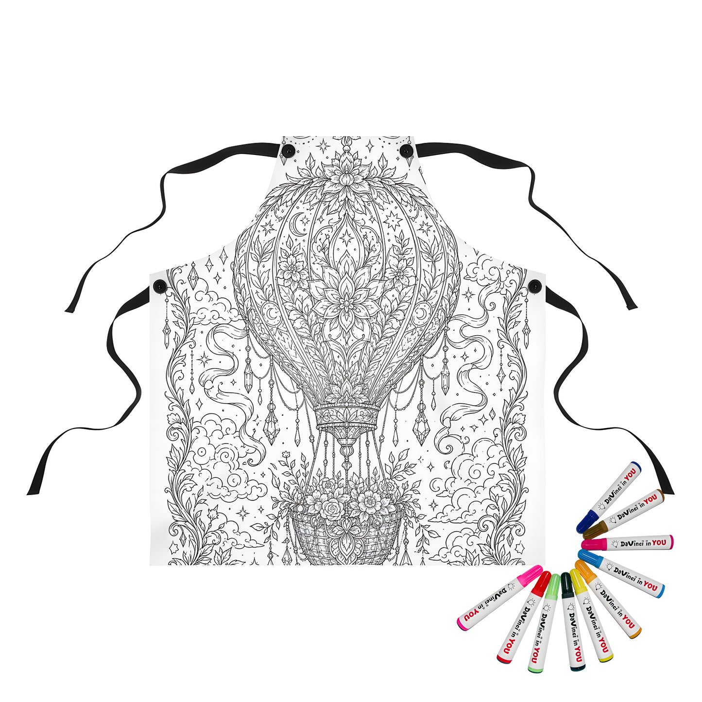 Celestial Hot Air Balloon Apron coloring kit mockup with polyester and graphic print