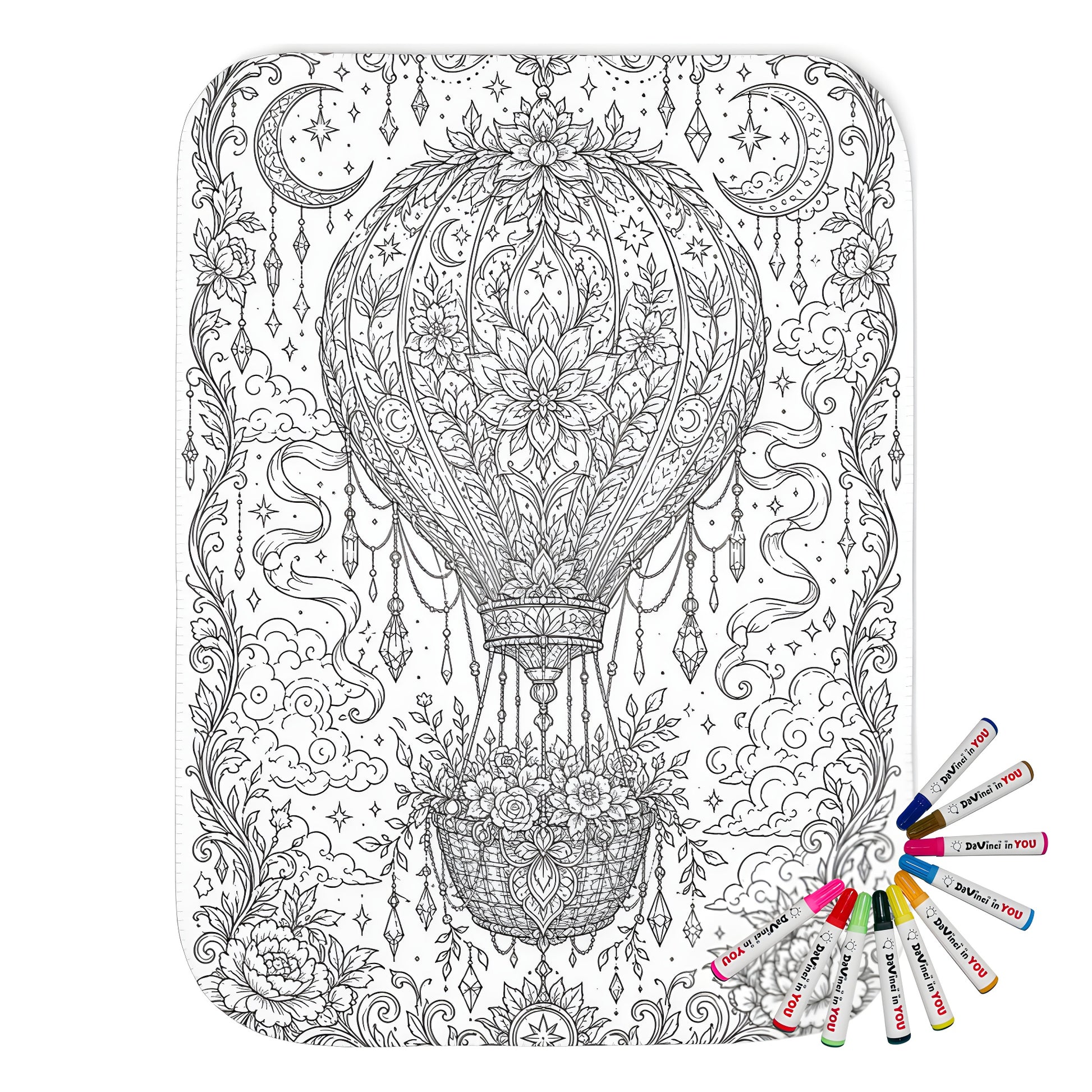 Celestial Hot Air Balloon Sherpa Blanket coloring kit mockup with polyester and graphic print