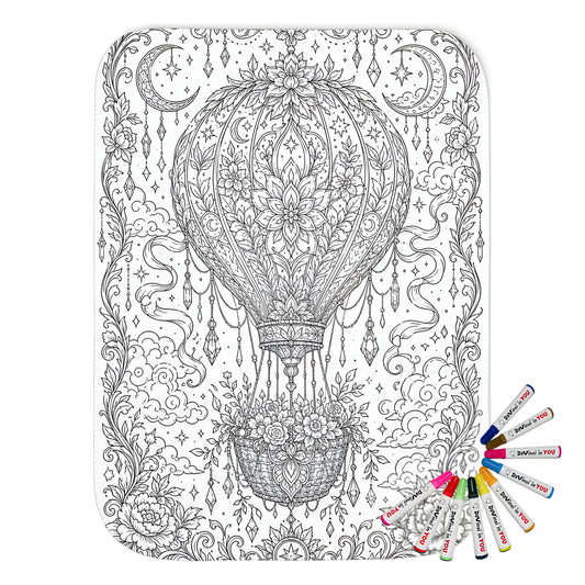Celestial Hot Air Balloon Sherpa Blanket coloring kit mockup with polyester and graphic print
