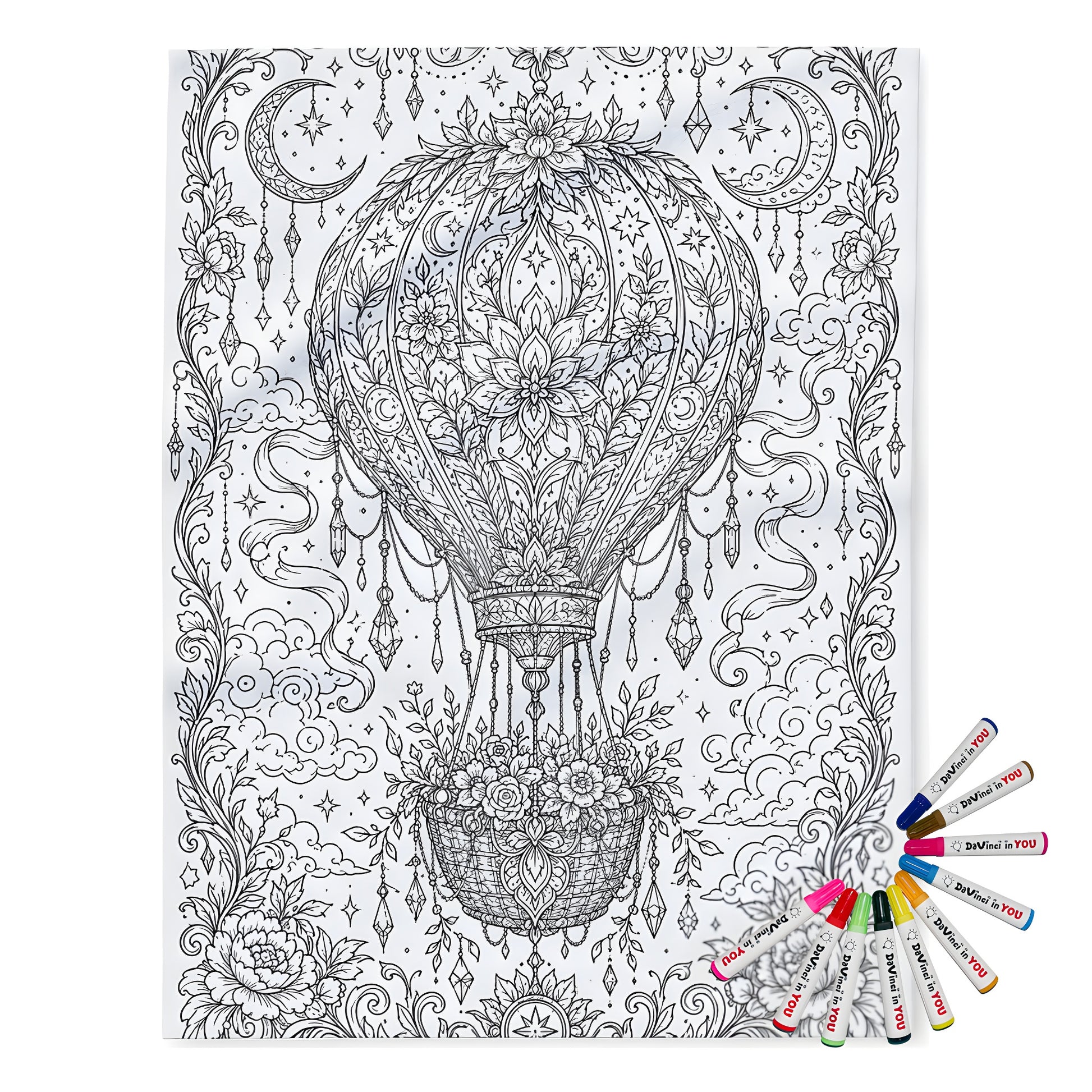 Celestial Hot Air Balloon Fleece Blanket coloring kit mockup with polyester fleece and graphic print