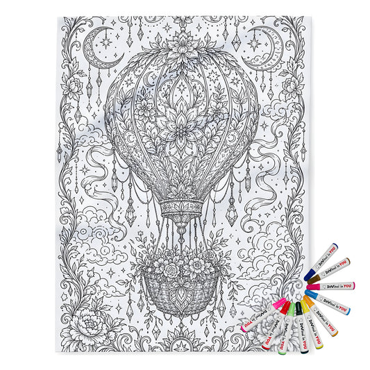Celestial Hot Air Balloon Fleece Blanket coloring kit mockup with polyester fleece and graphic print