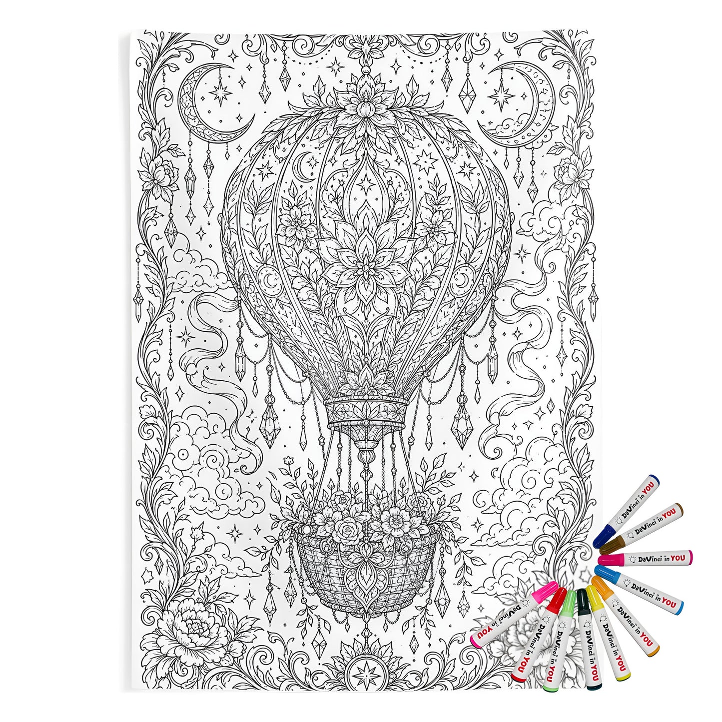 Celestial Hot Air Balloon Indoor Wall Tapestry coloring kit mockup with polyester and graphic print
