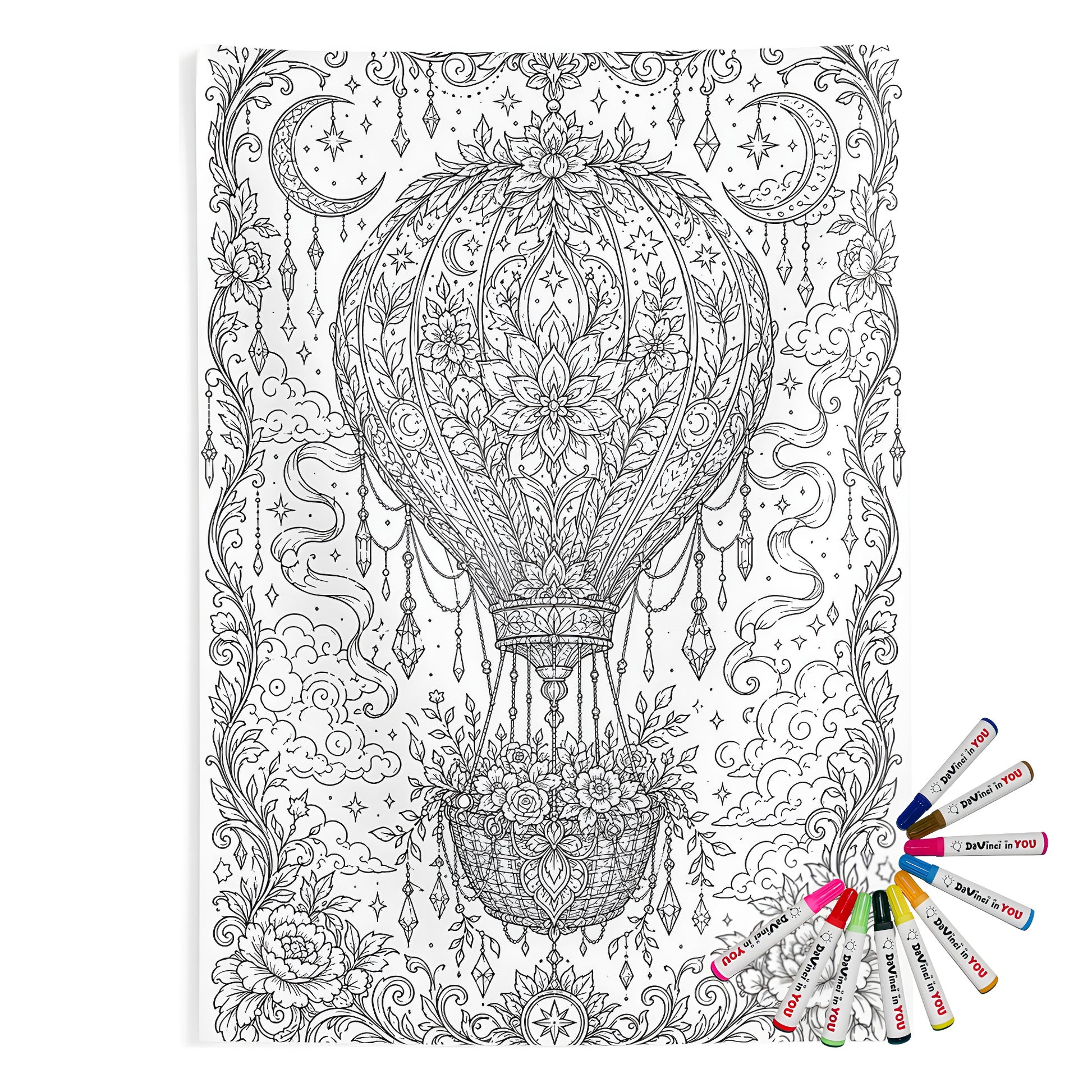 Celestial Hot Air Balloon Indoor Wall Tapestry coloring kit mockup with polyester and graphic print