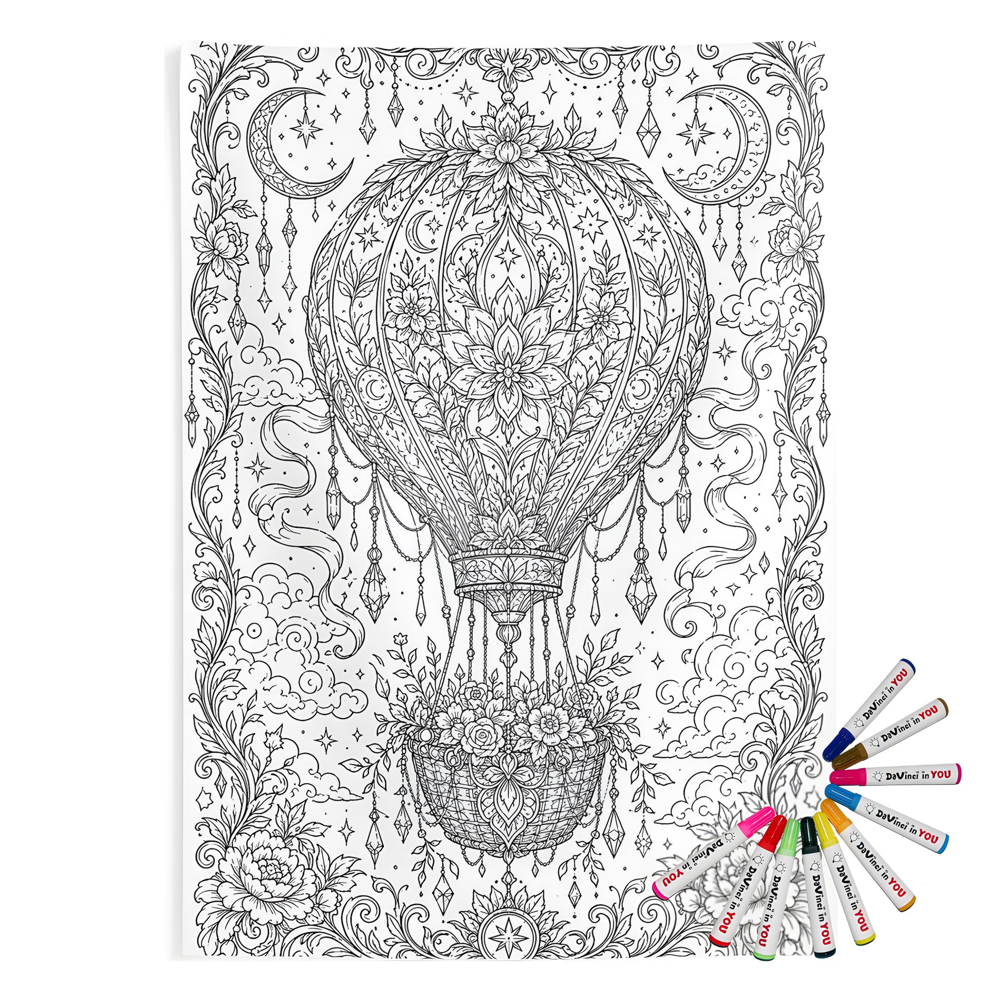 Celestial Hot Air Balloon Indoor Wall Tapestry coloring kit mockup with polyester and graphic print