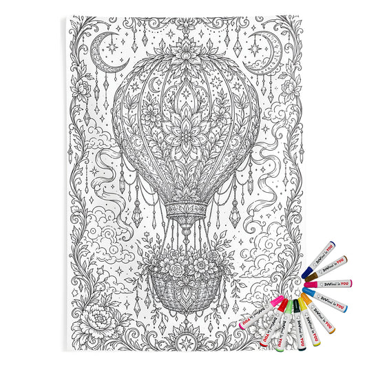 Celestial Hot Air Balloon Indoor Wall Tapestry coloring kit mockup with polyester and graphic print