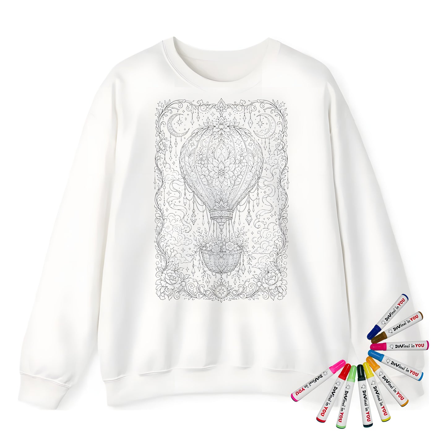 Celestial Hot Air Balloon Adult Crewneck Sweatshirt coloring kit mockup with white base, cotton/polyester blend, and graphic print