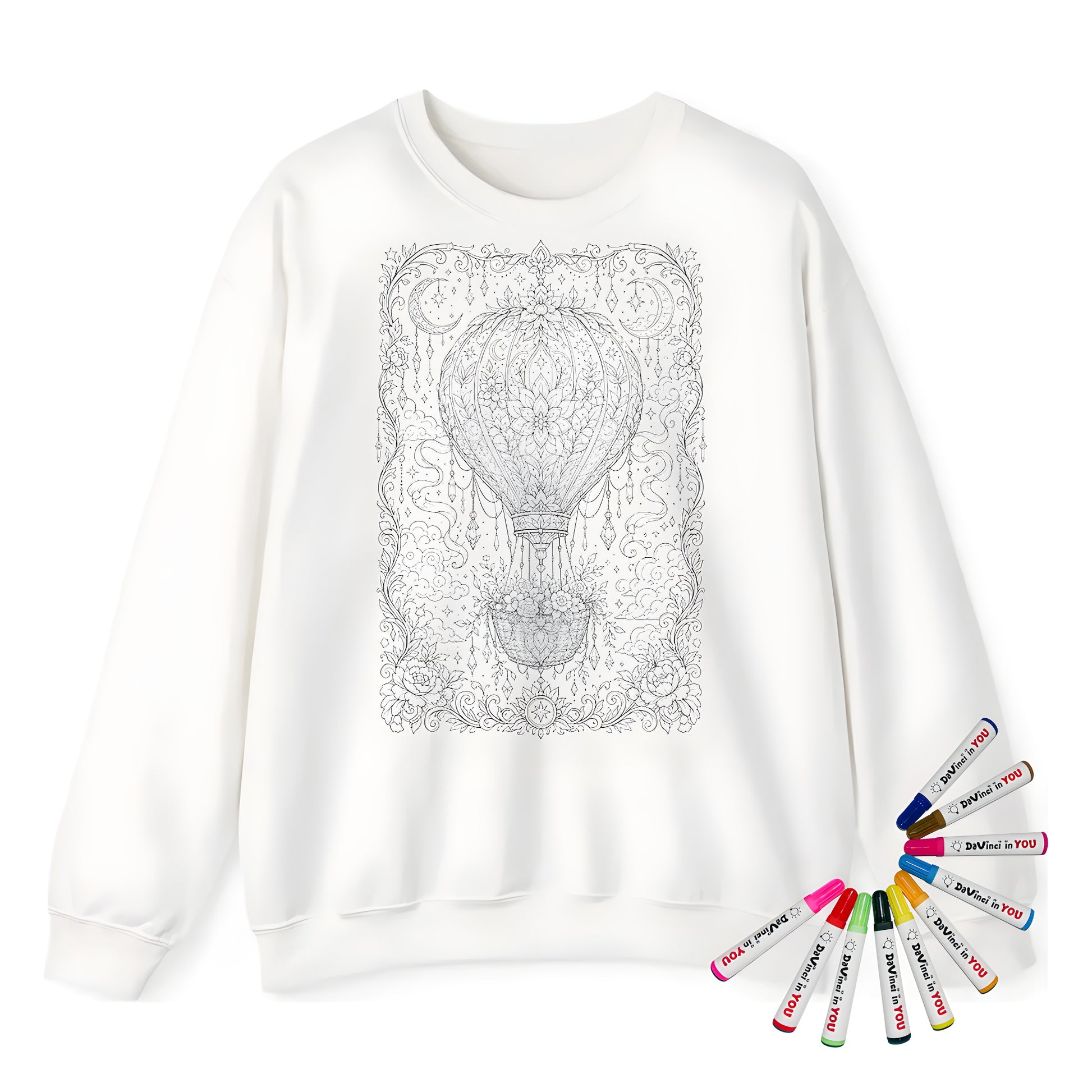 Celestial Hot Air Balloon Adult Crewneck Sweatshirt coloring kit mockup with white base, cotton/polyester blend, and graphic print