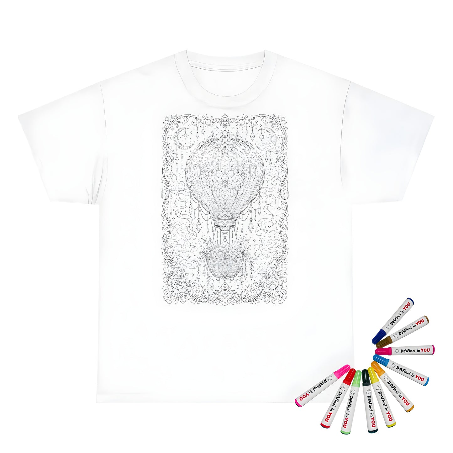 Celestial Hot Air Balloon Kids T-Shirt coloring kit mockup with white base, cotton, and graphic print