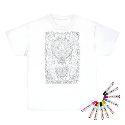 Celestial Hot Air Balloon Kids T-Shirt coloring kit mockup with white base, cotton, and graphic print