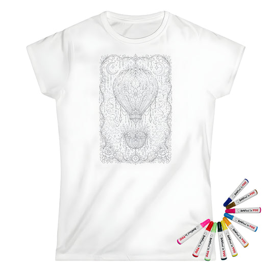 Celestial Hot Air Balloon Womens T-Shirt coloring kit mockup with white base, cotton, and graphic print