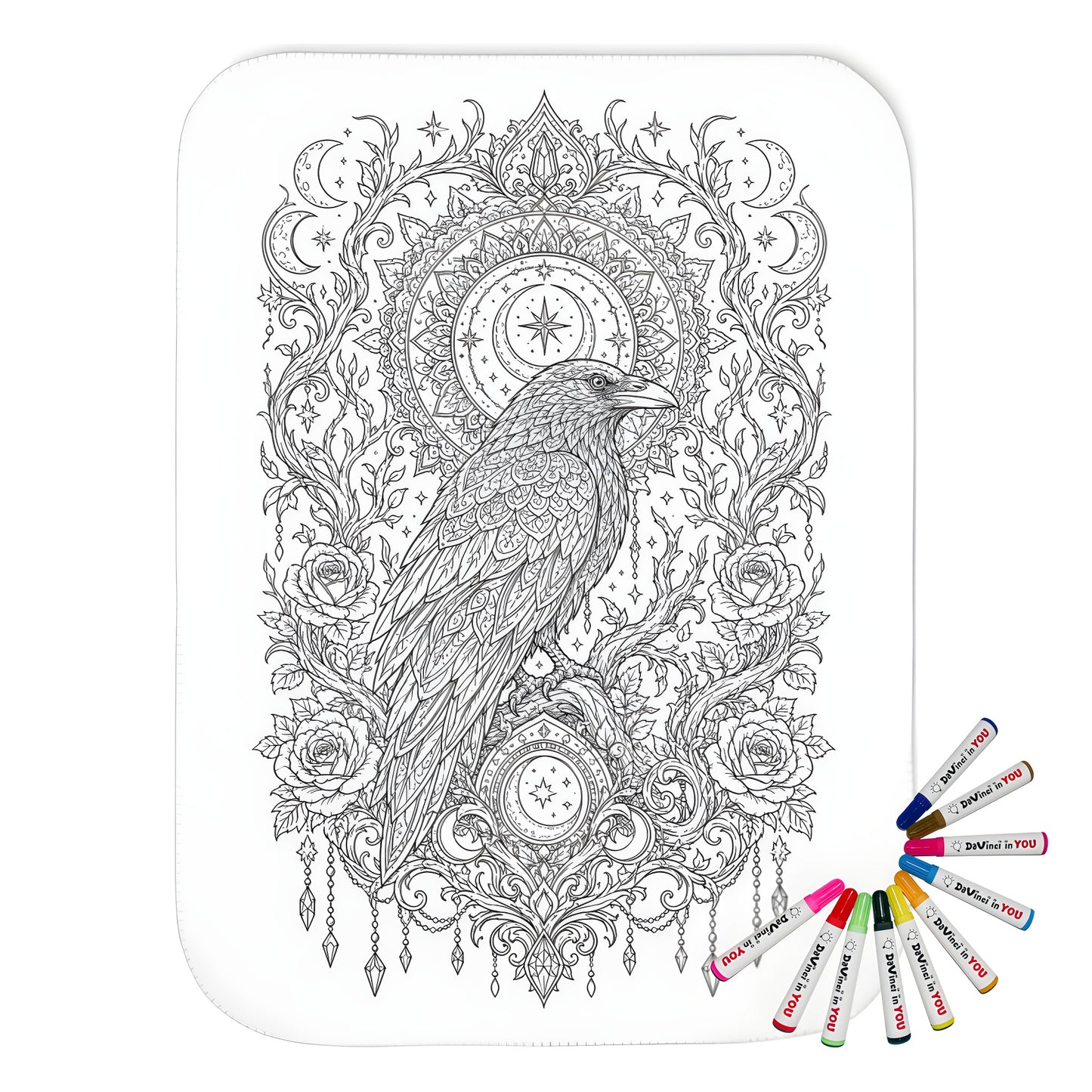 Celestial Raven Moon Garden Sherpa Blanket coloring kit mockup with polyester and graphic print