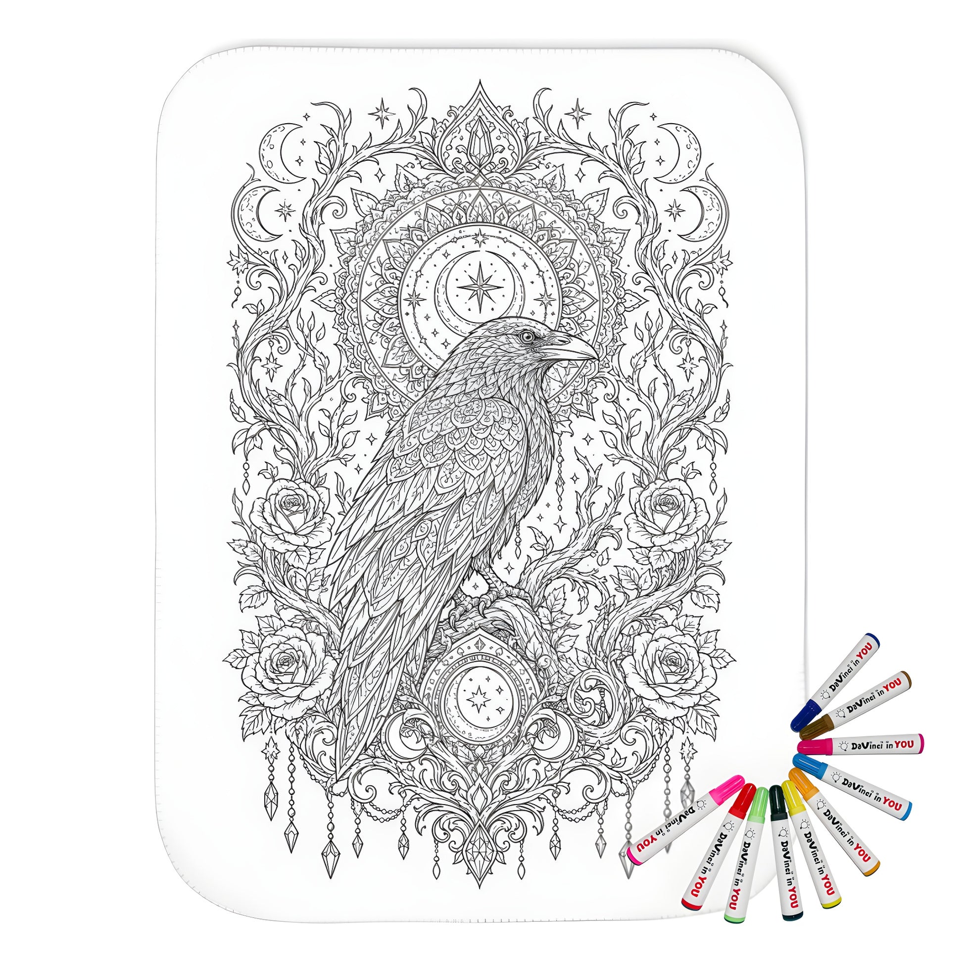 Celestial Raven Moon Garden Sherpa Blanket coloring kit mockup with polyester and graphic print