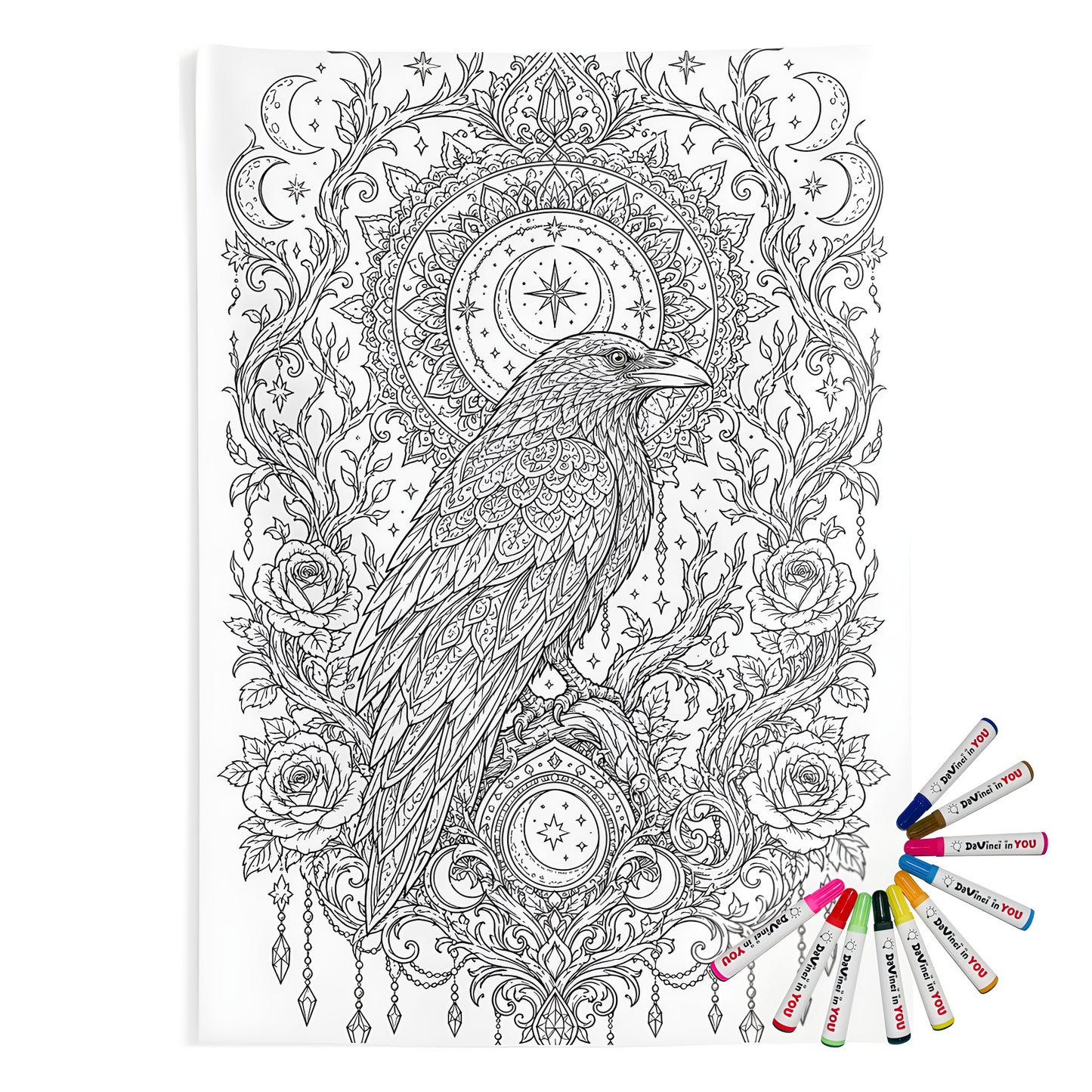 Celestial Raven Moon Garden Indoor Wall Tapestry coloring kit mockup with polyester and graphic print