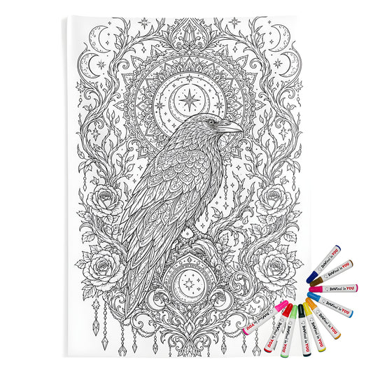 Celestial Raven Moon Garden Indoor Wall Tapestry coloring kit mockup with polyester and graphic print