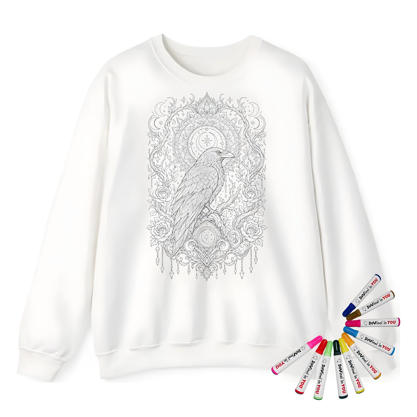 Celestial Raven Moon Garden Adult Crewneck Sweatshirt coloring kit mockup with white base, cotton/polyester blend, and graphic print