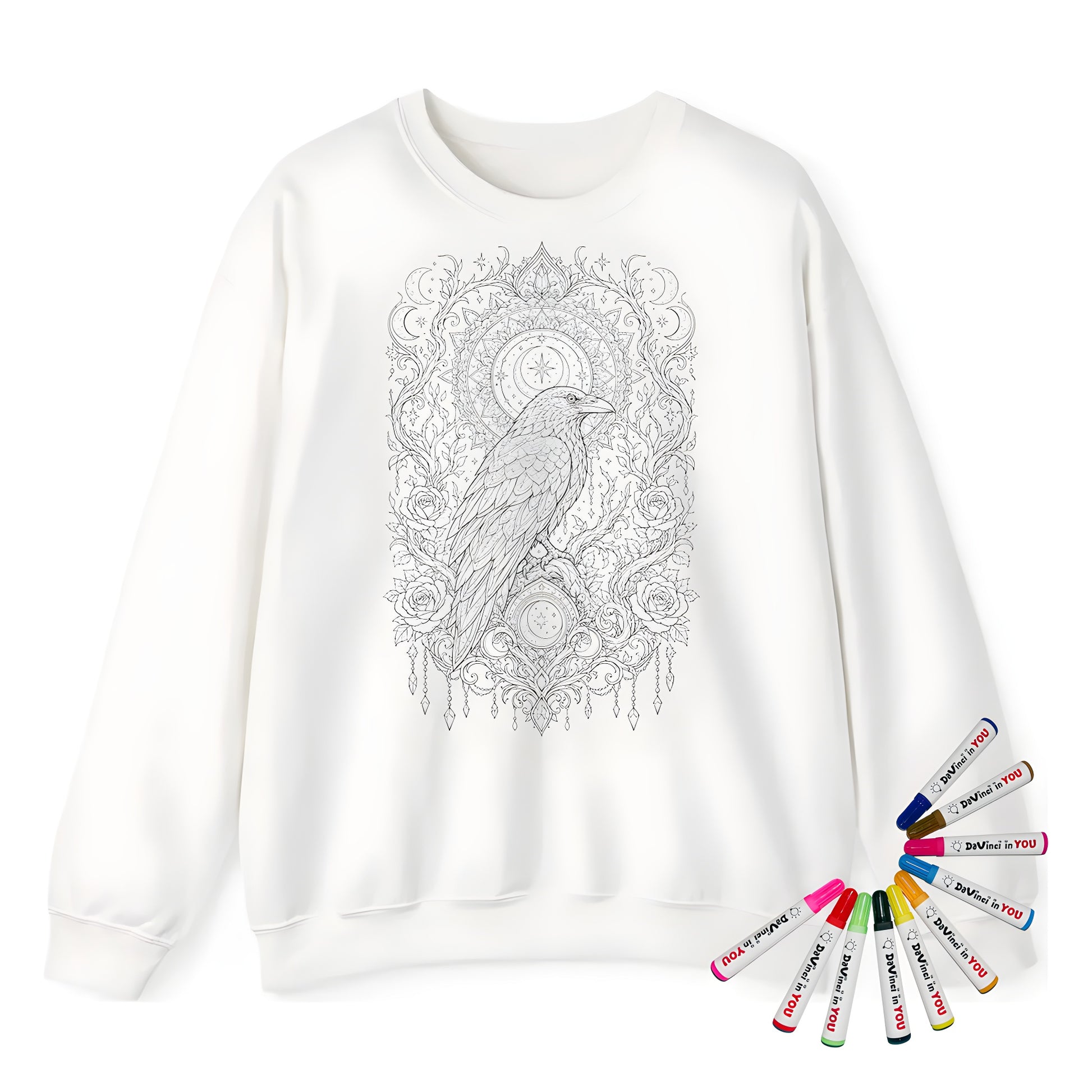 Celestial Raven Moon Garden Adult Crewneck Sweatshirt coloring kit mockup with white base, cotton/polyester blend, and graphic print