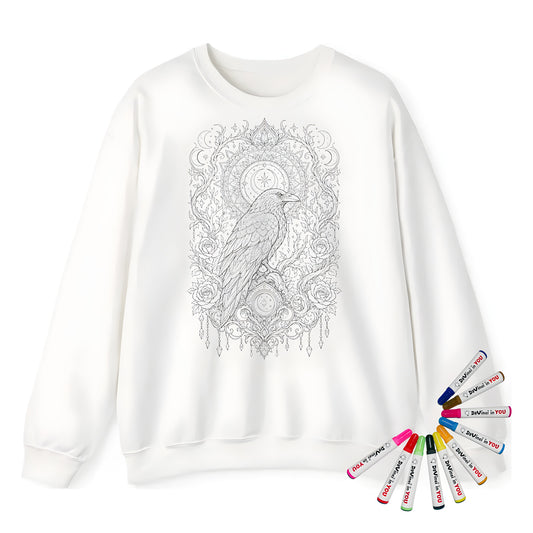 Celestial Raven Moon Garden Adult Crewneck Sweatshirt coloring kit mockup with white base, cotton/polyester blend, and graphic print