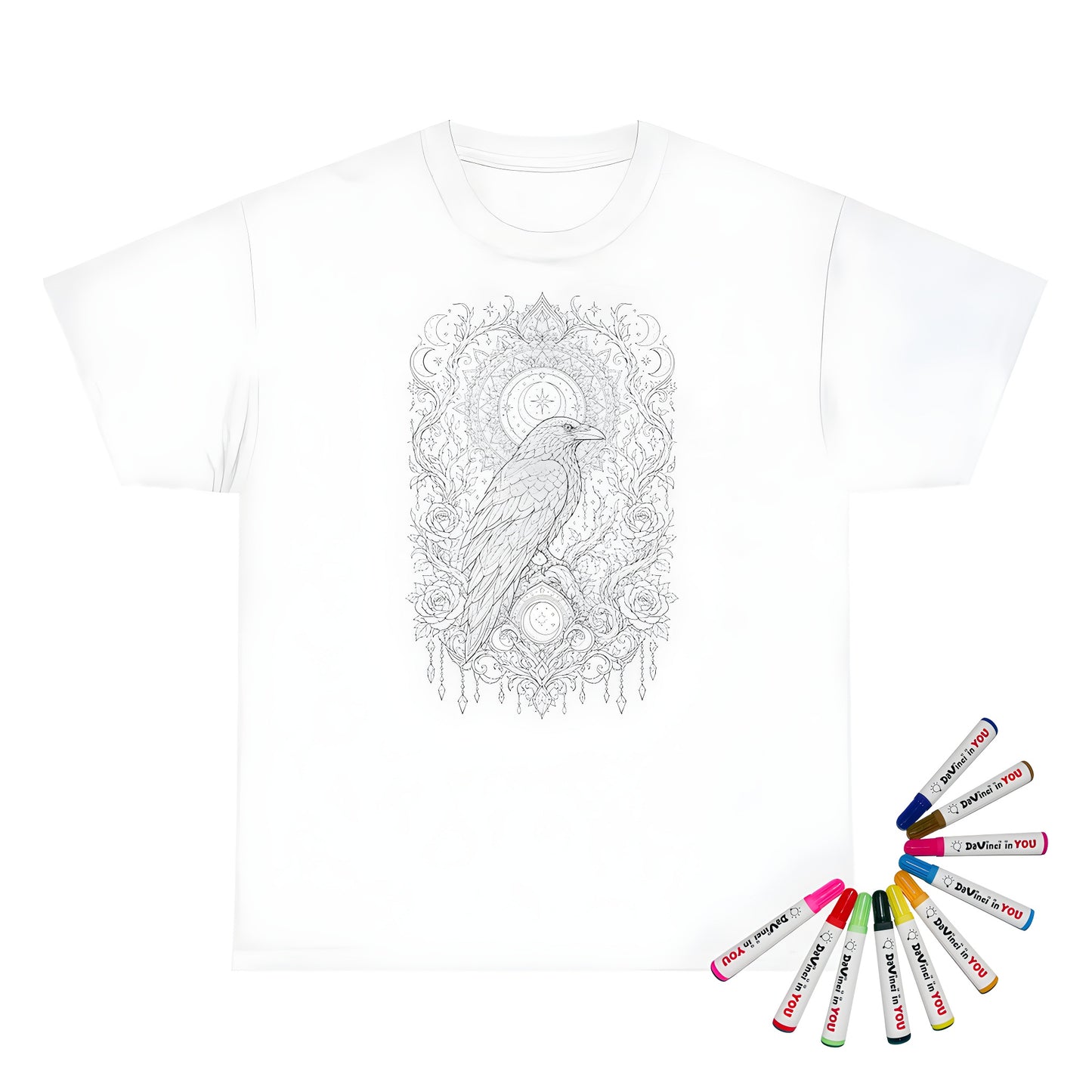 Celestial Raven Moon Garden Unisex T-Shirt coloring kit mockup with white base, cotton, and graphic print