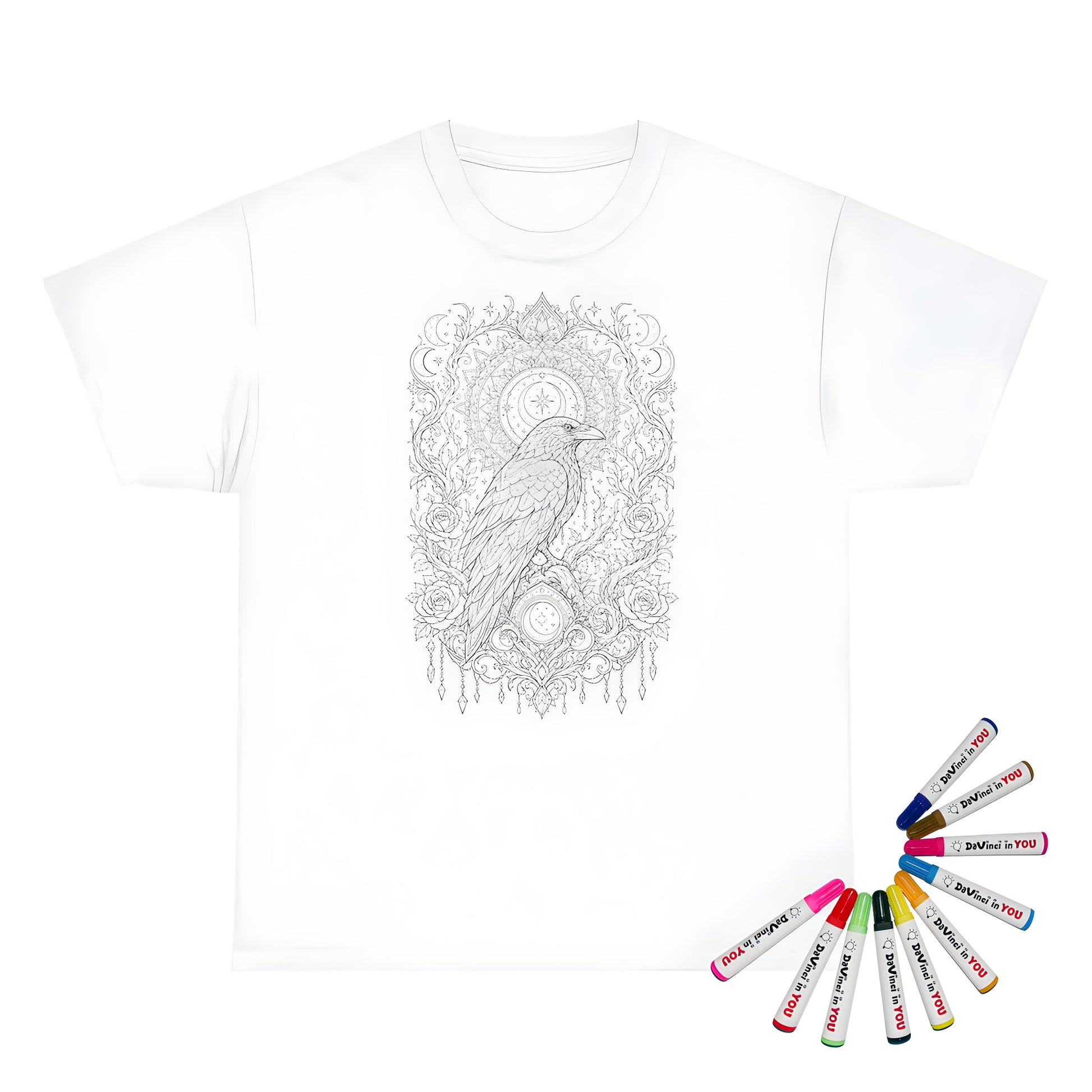 Celestial Raven Moon Garden Unisex T-Shirt coloring kit mockup with white base, cotton, and graphic print