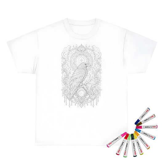 Celestial Raven Moon Garden Unisex T-Shirt coloring kit mockup with white base, cotton, and graphic print
