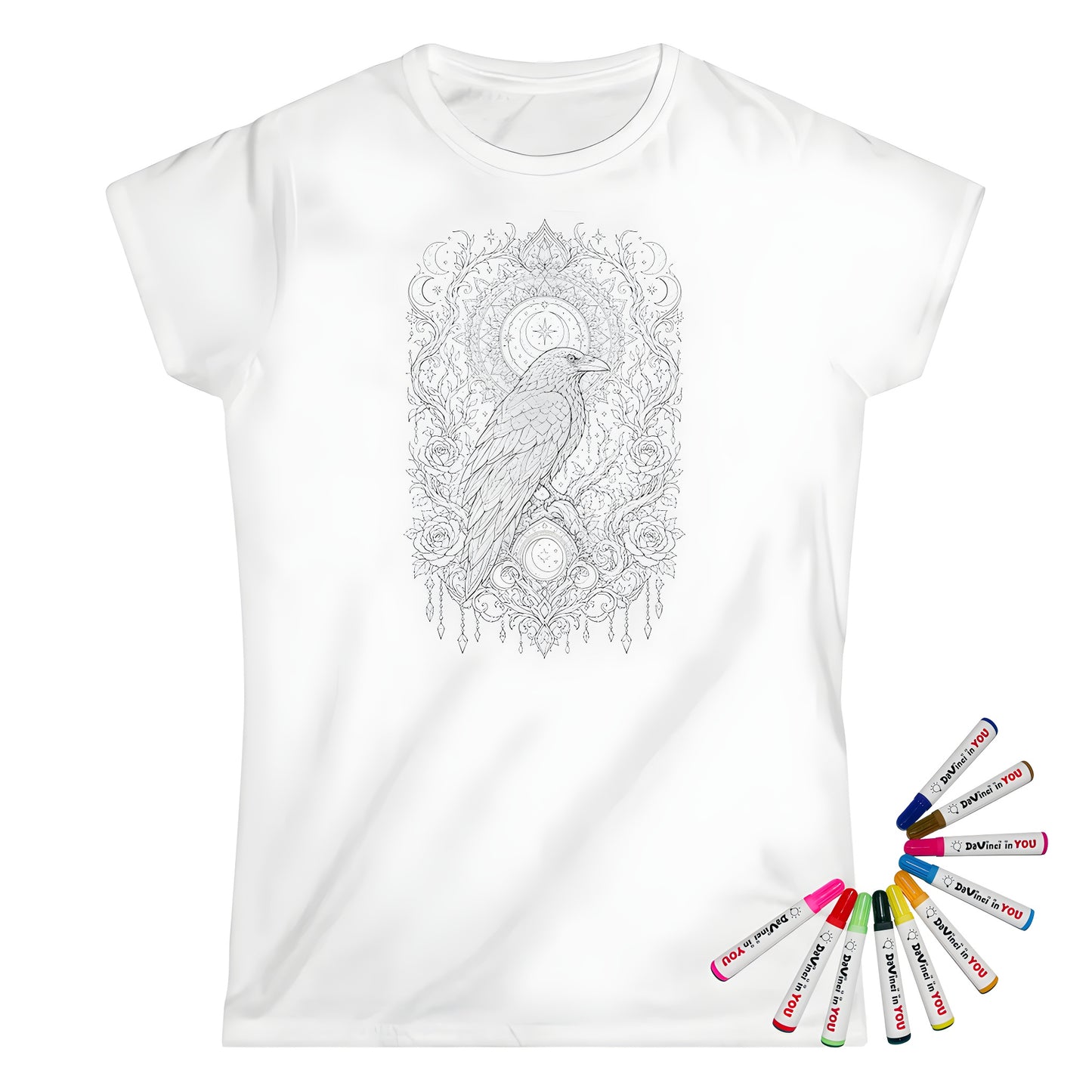 Celestial Raven Moon Garden Womens T-Shirt coloring kit mockup with white base, cotton, and graphic print