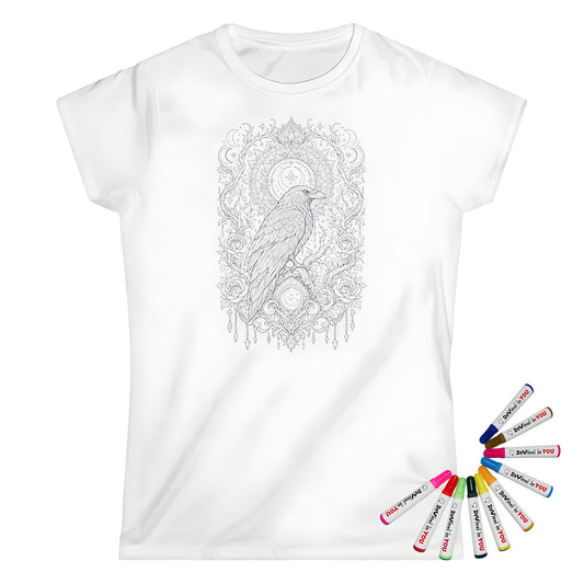 Celestial Raven Moon Garden Womens T-Shirt coloring kit mockup with white base, cotton, and graphic print