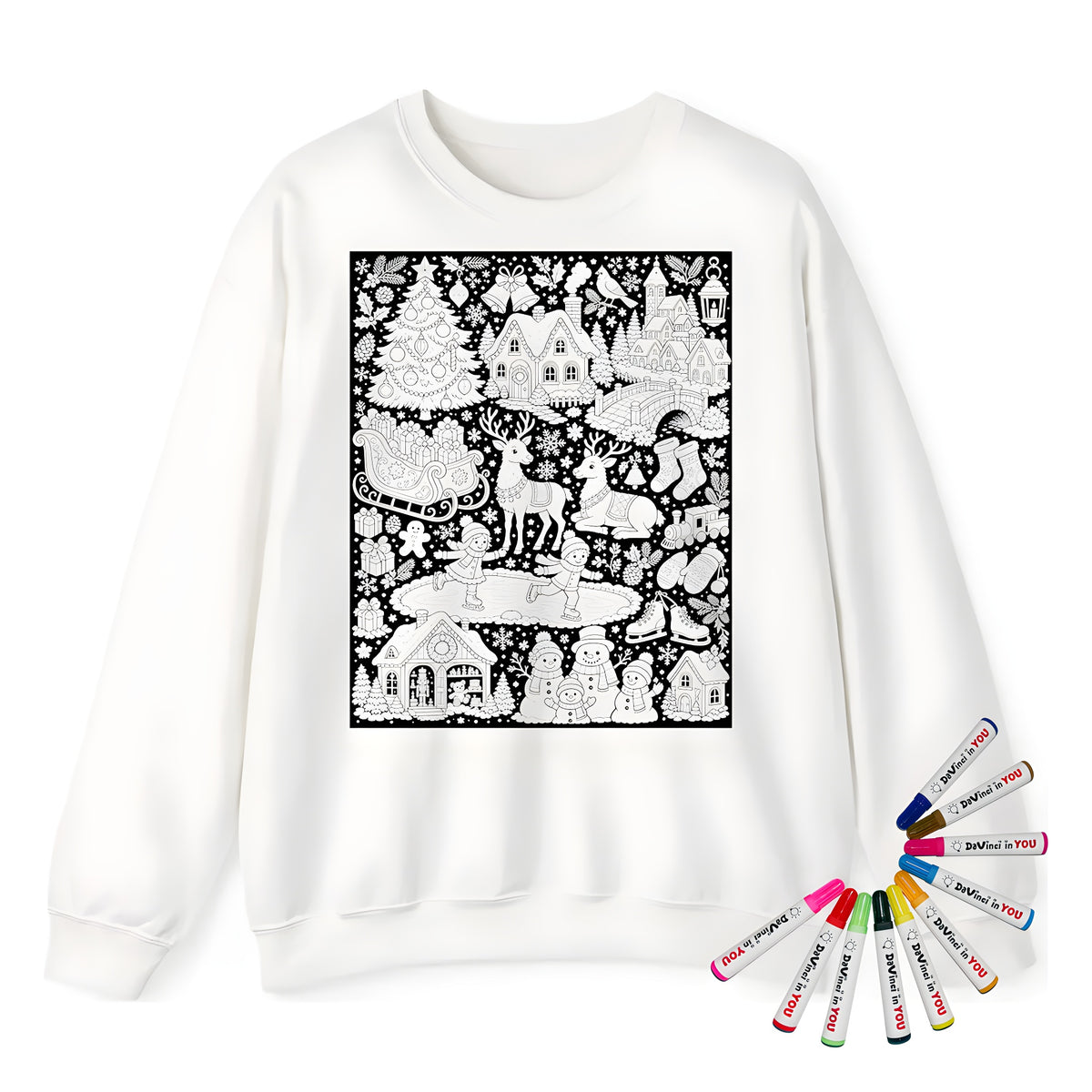 Christmas Winter Wonderland Adult Crewneck Sweatshirt coloring kit mockup with white base, cotton/polyester blend, and graphic print