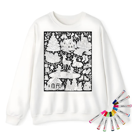 Christmas Winter Wonderland Adult Crewneck Sweatshirt coloring kit mockup with white base, cotton/polyester blend, and graphic print