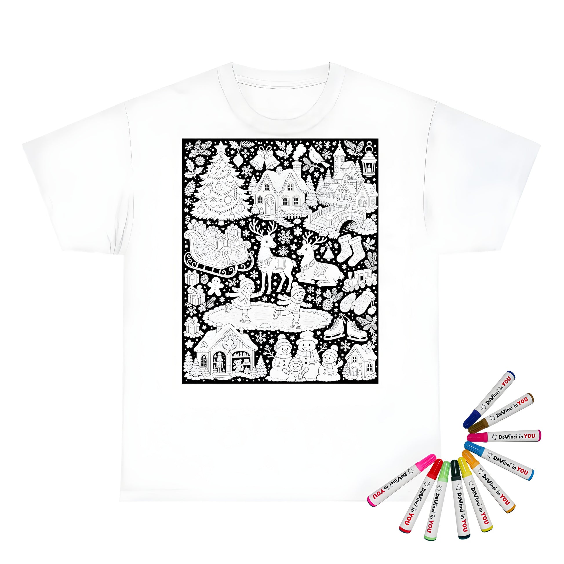 Christmas Winter Wonderland Kids T-Shirt coloring kit mockup with white base, cotton, and graphic print