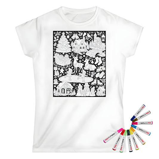 Christmas Winter Wonderland Womens T-Shirt coloring kit mockup with white base, cotton, and graphic print