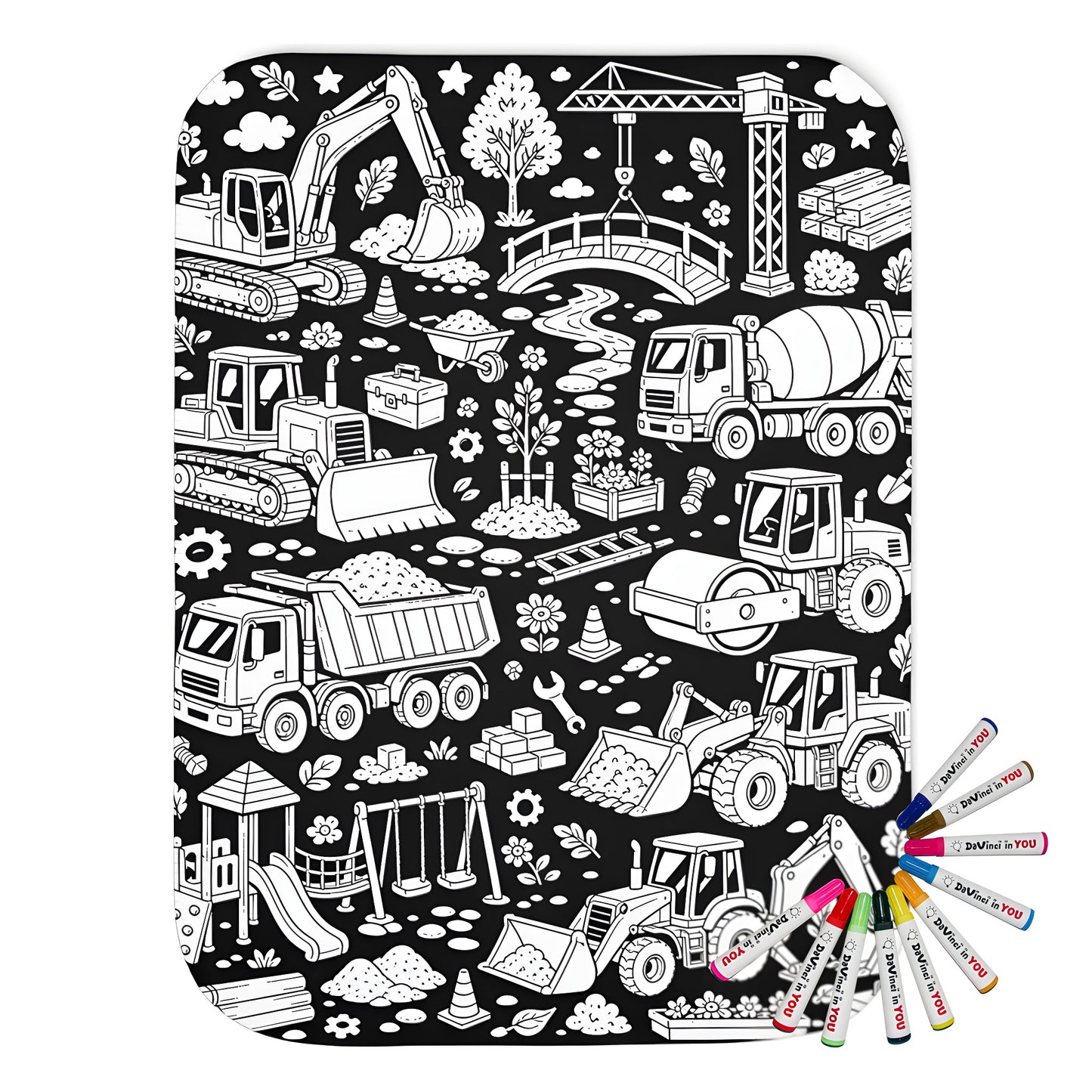 Construction Site Machines Sherpa Blanket coloring kit mockup with polyester and graphic print