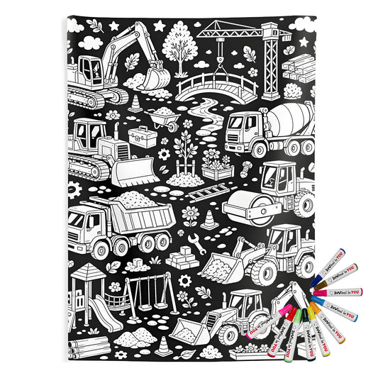 Construction Site Machines Indoor Wall Tapestry coloring kit mockup with polyester and graphic print