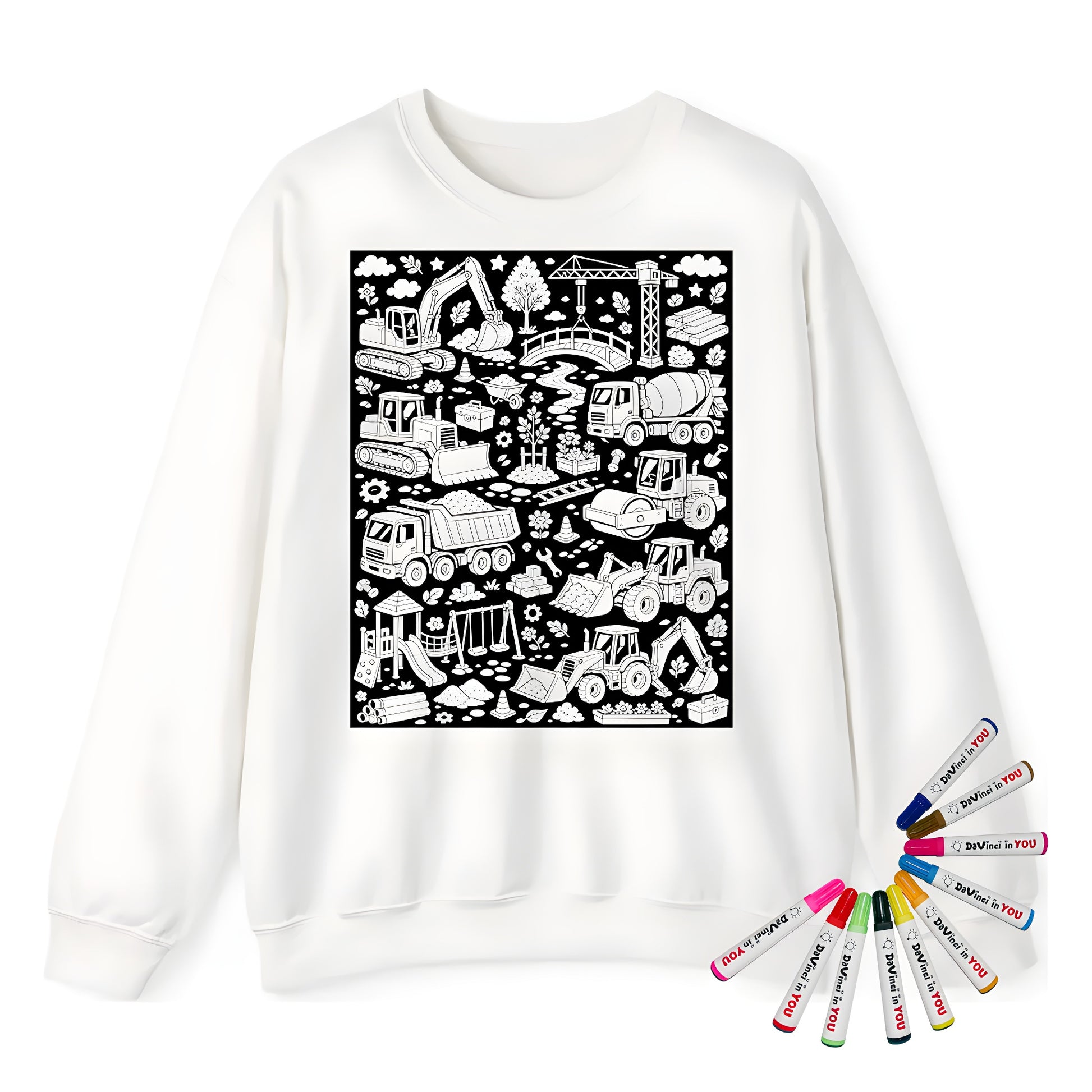 Construction Site Machines Adult Crewneck Sweatshirt coloring kit mockup with white base, cotton/polyester blend, and graphic print