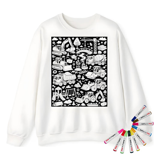 Construction Site Machines Adult Crewneck Sweatshirt coloring kit mockup with white base, cotton/polyester blend, and graphic print