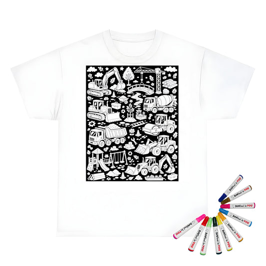 Construction Site Machines Kids T-Shirt coloring kit mockup with white base, cotton, and graphic print