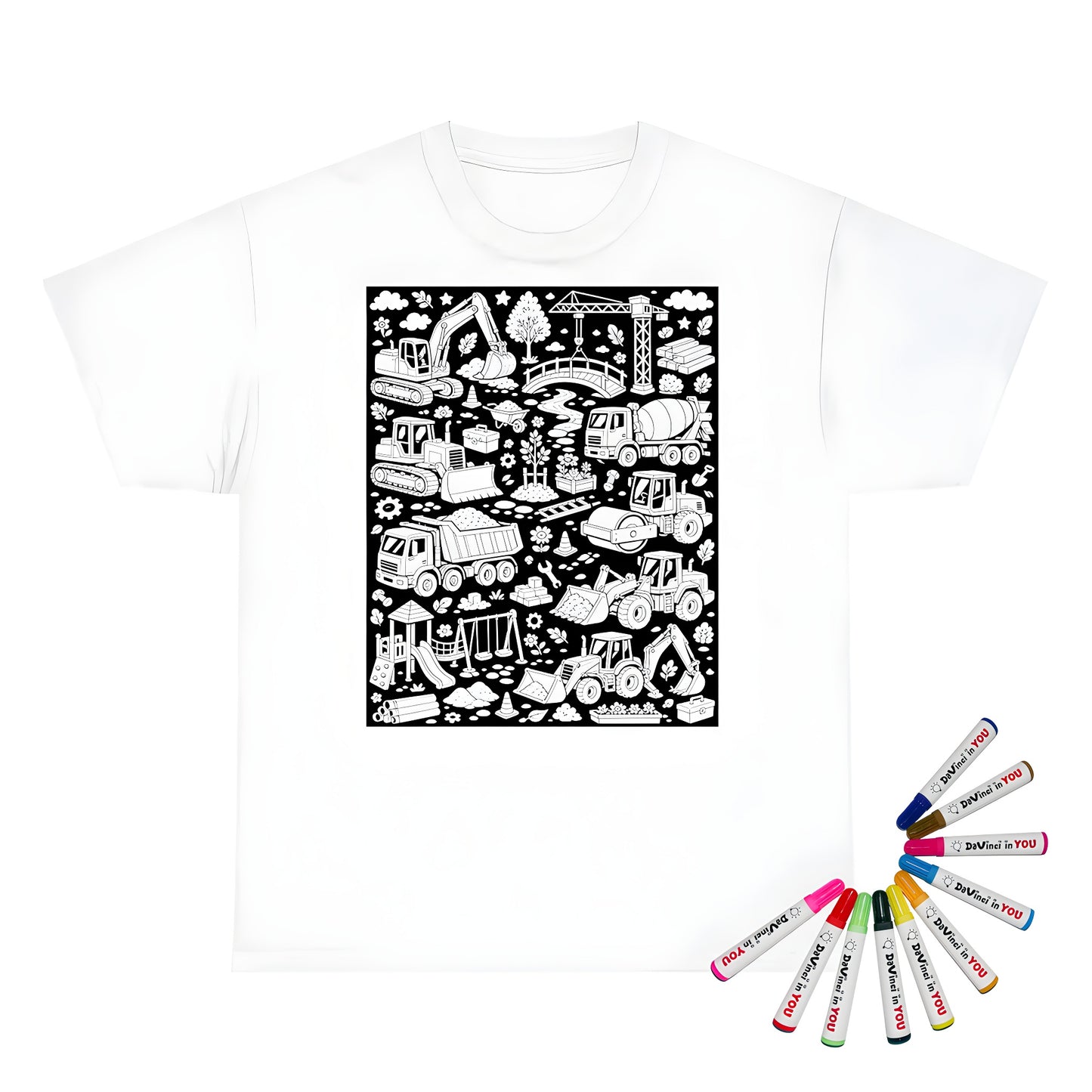 Construction Site Machines Unisex T-Shirt coloring kit mockup with white base, cotton, and graphic print