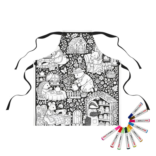 Cottagecore Animal Homes Apron coloring kit mockup with polyester and graphic print