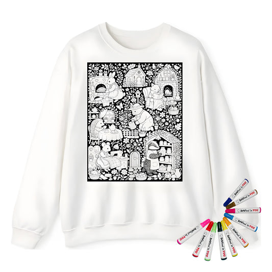 Cottagecore Animal Homes Adult Crewneck Sweatshirt coloring kit mockup with white base, cotton/polyester blend, and graphic print