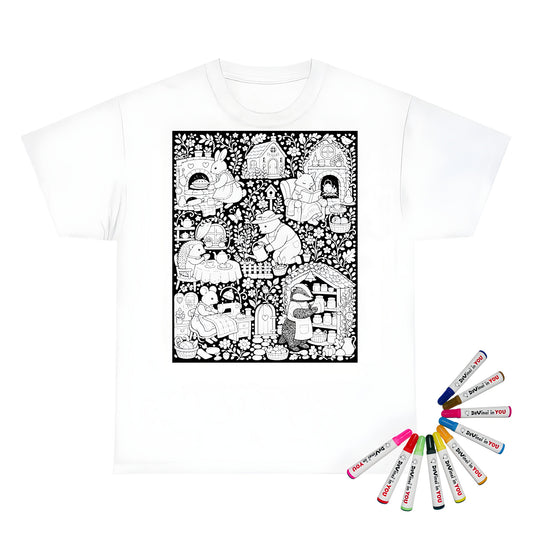 Cottagecore Animal Homes Kids T-Shirt coloring kit mockup with white base, cotton, and graphic print