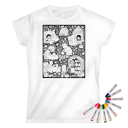 Cottagecore Animal Homes Womens T-Shirt coloring kit mockup with white base, cotton, and graphic print