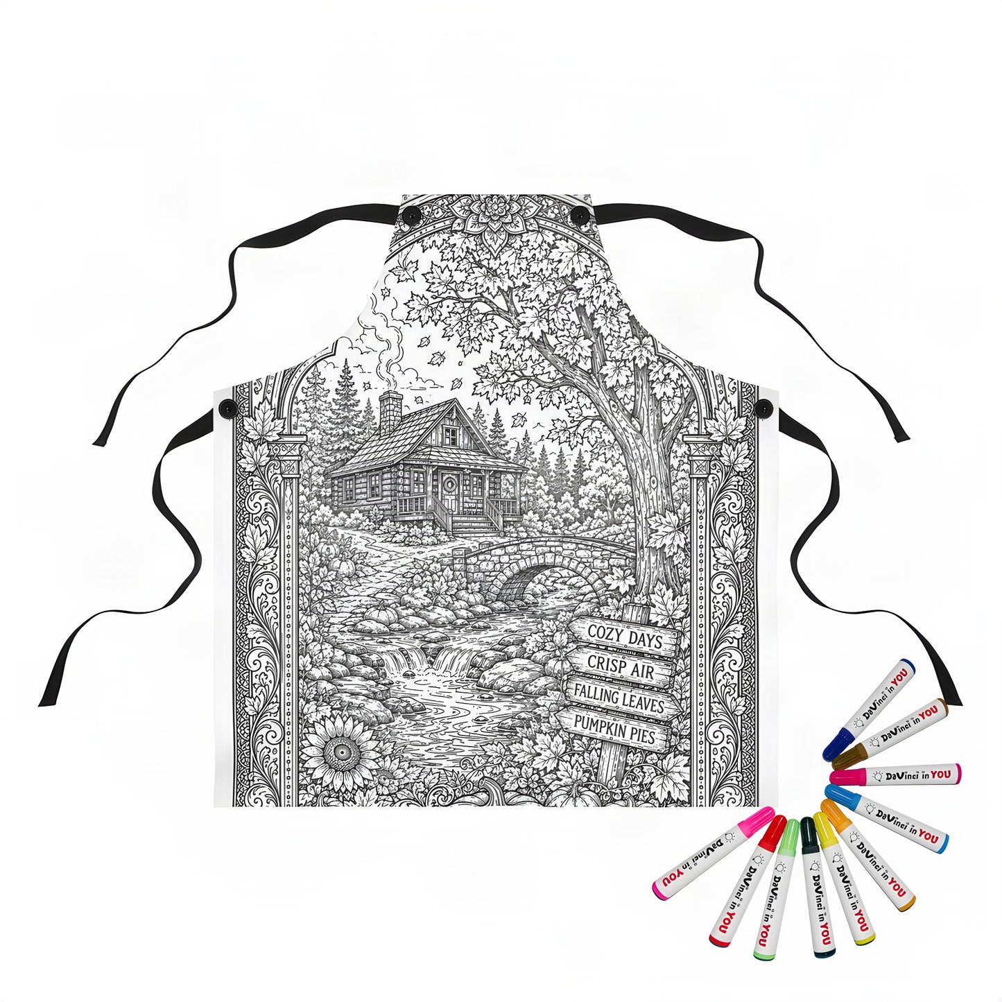 Cozy Autumn Cabin Apron coloring kit mockup with polyester and graphic print