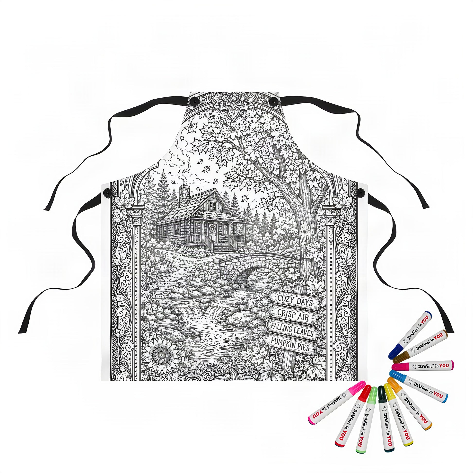 Cozy Autumn Cabin Apron coloring kit mockup with polyester and graphic print