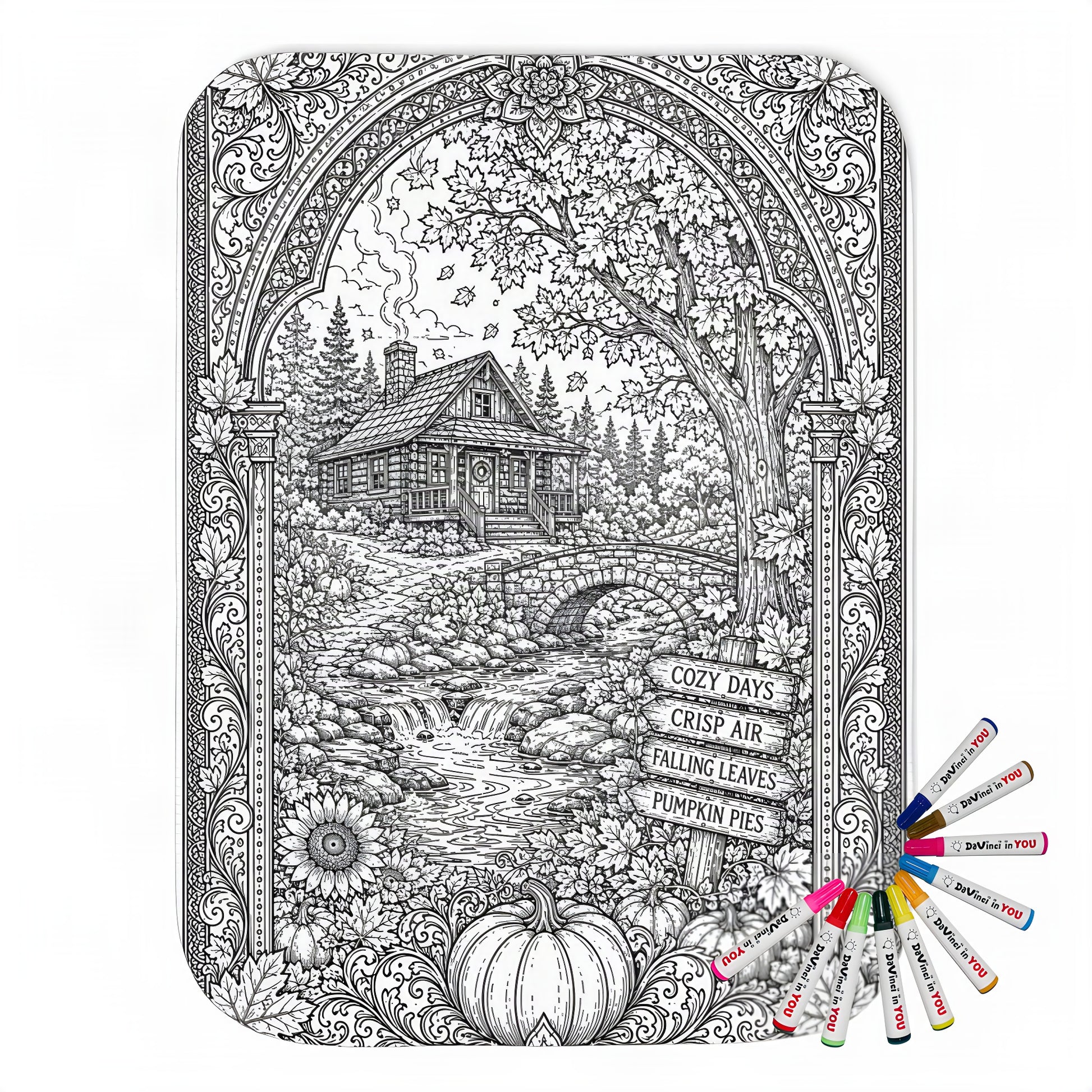 Cozy Autumn Cabin Sherpa Blanket coloring kit mockup with polyester and graphic print