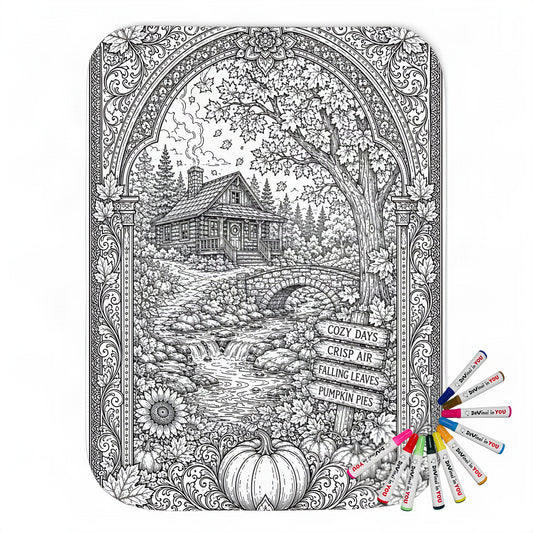 Cozy Autumn Cabin Sherpa Blanket coloring kit mockup with polyester and graphic print