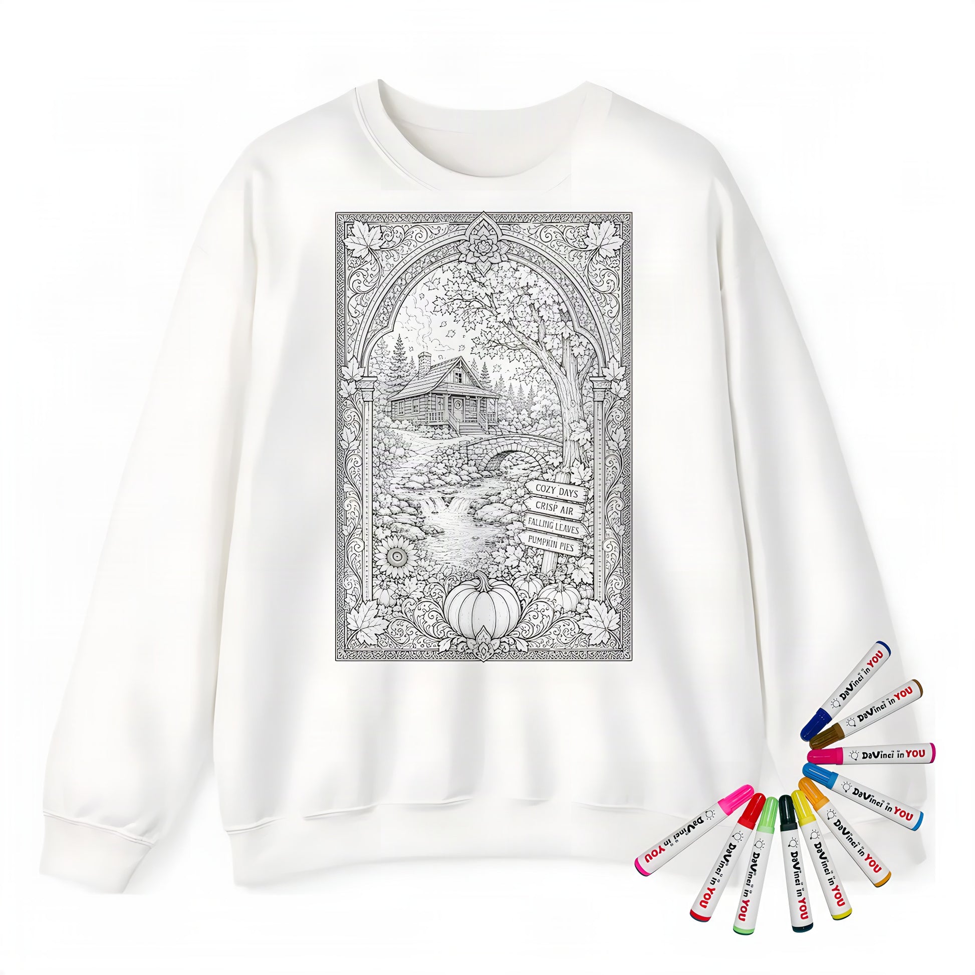 Cozy Autumn Cabin Adult Crewneck Sweatshirt coloring kit mockup with white base, cotton/polyester blend, and graphic print