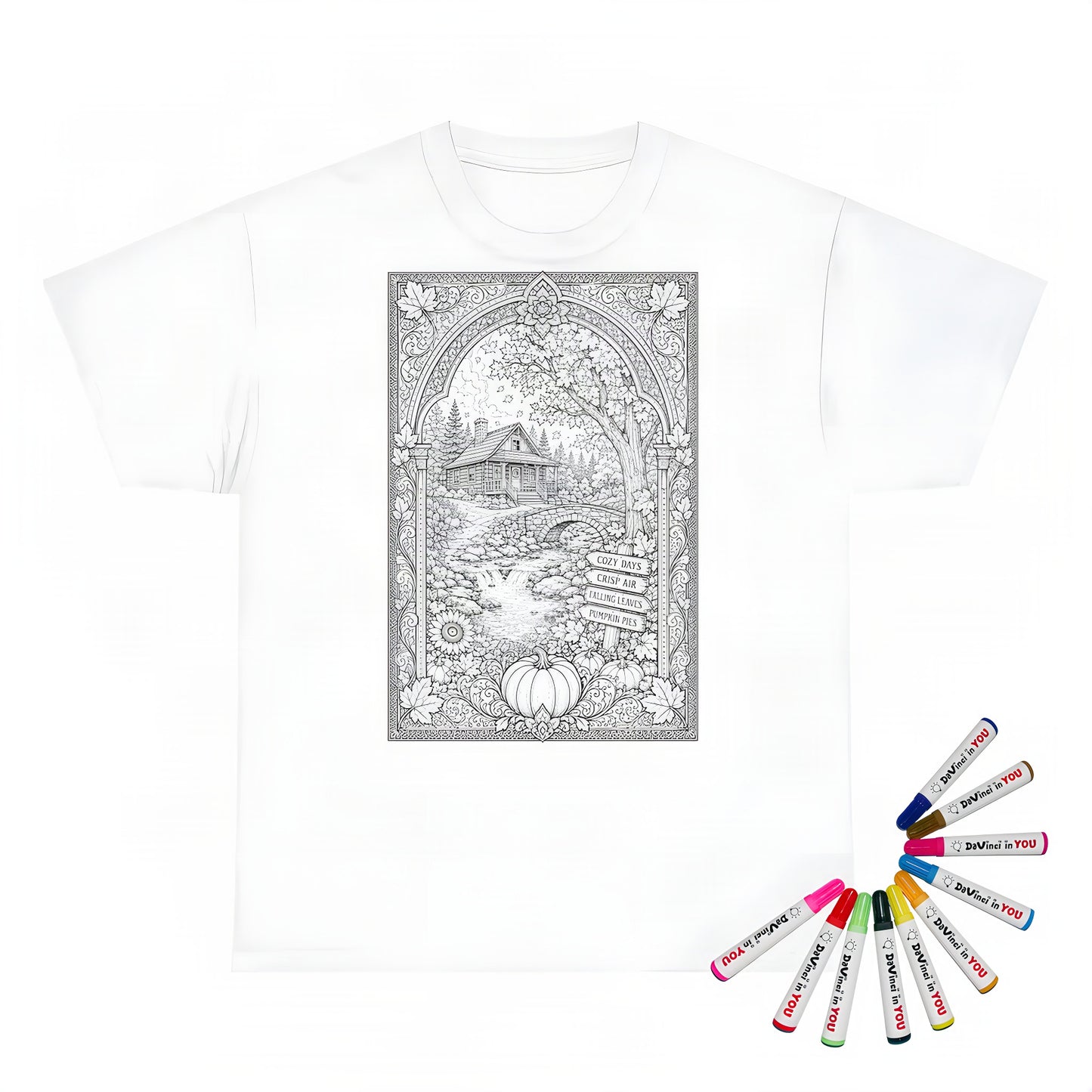 Cozy Autumn Cabin Kids T-Shirt coloring kit mockup with white base, cotton, and graphic print