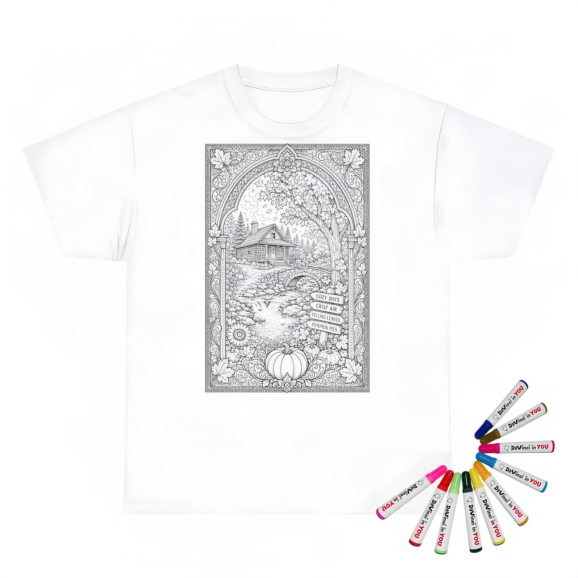 Cozy Autumn Cabin Kids T-Shirt coloring kit mockup with white base, cotton, and graphic print
