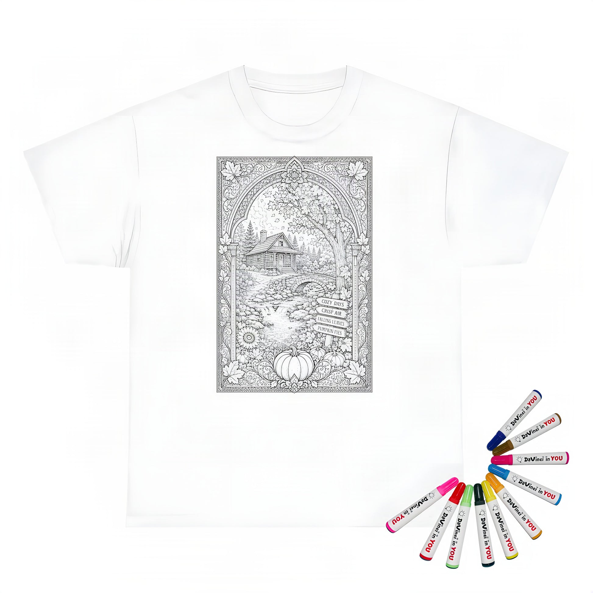 Cozy Autumn Cabin Unisex T-Shirt coloring kit mockup with white base, cotton, and graphic print