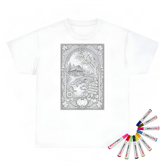 Cozy Autumn Cabin Unisex T-Shirt coloring kit mockup with white base, cotton, and graphic print
