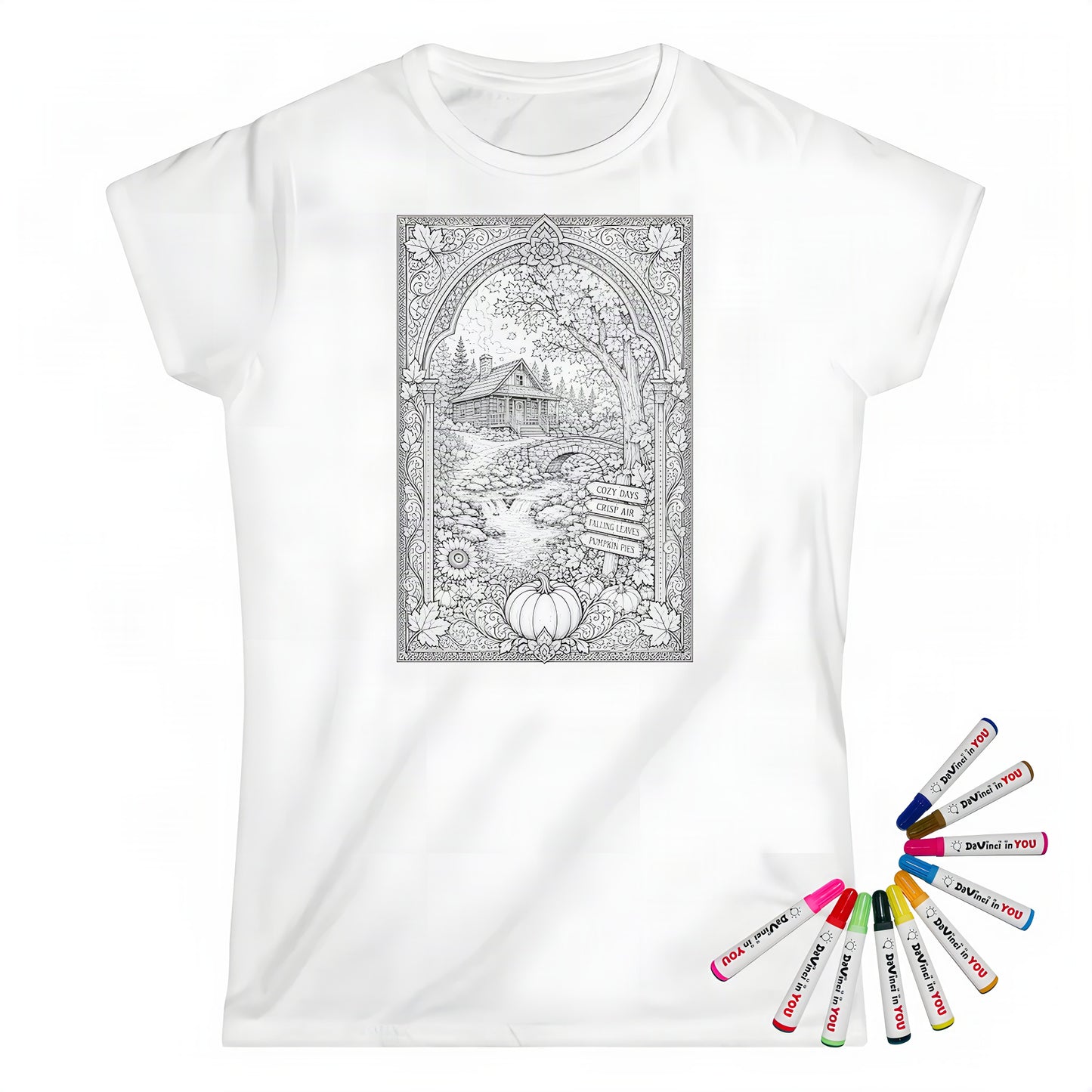 Cozy Autumn Cabin Womens T-Shirt coloring kit mockup with white base, cotton, and graphic print